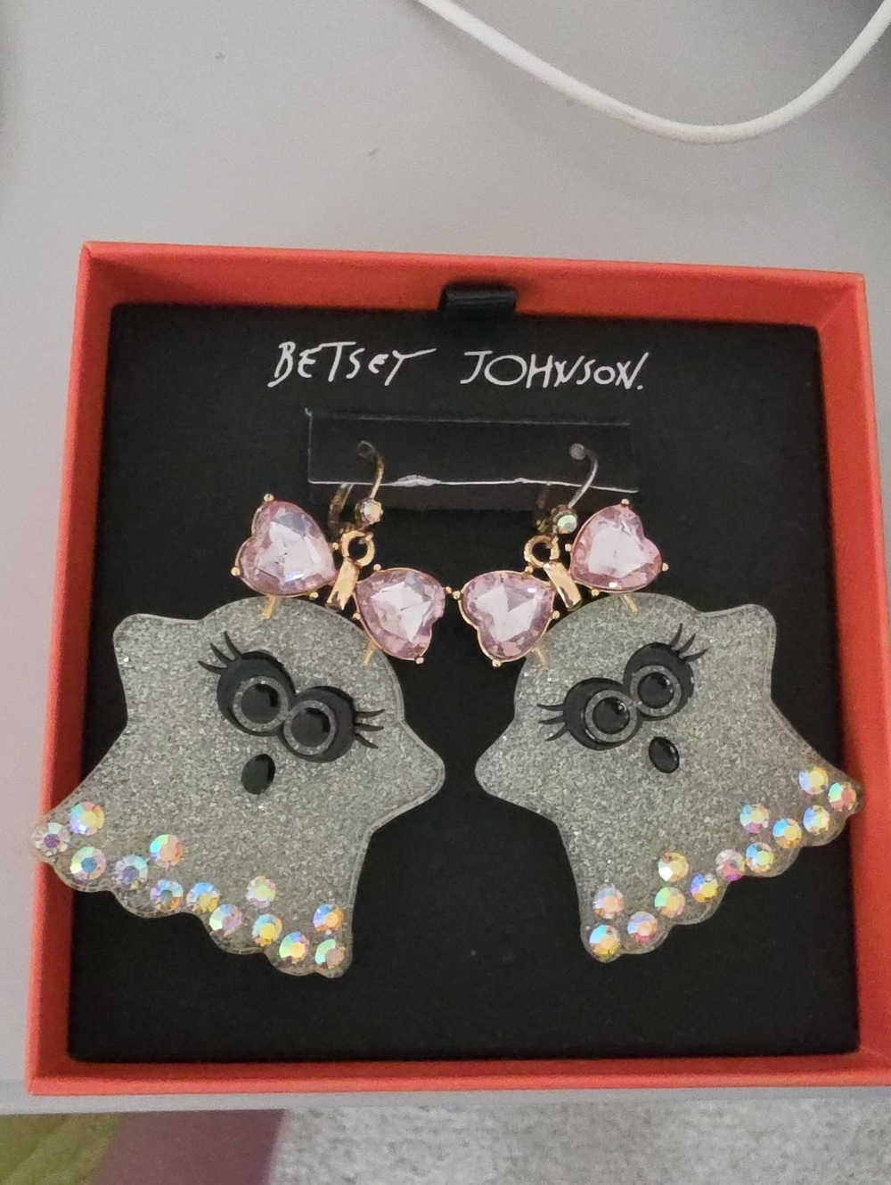 Betsey Johnson Silver Glitter Ghost Earrings with Pink Crystal Tops - Picture 1 of 6
